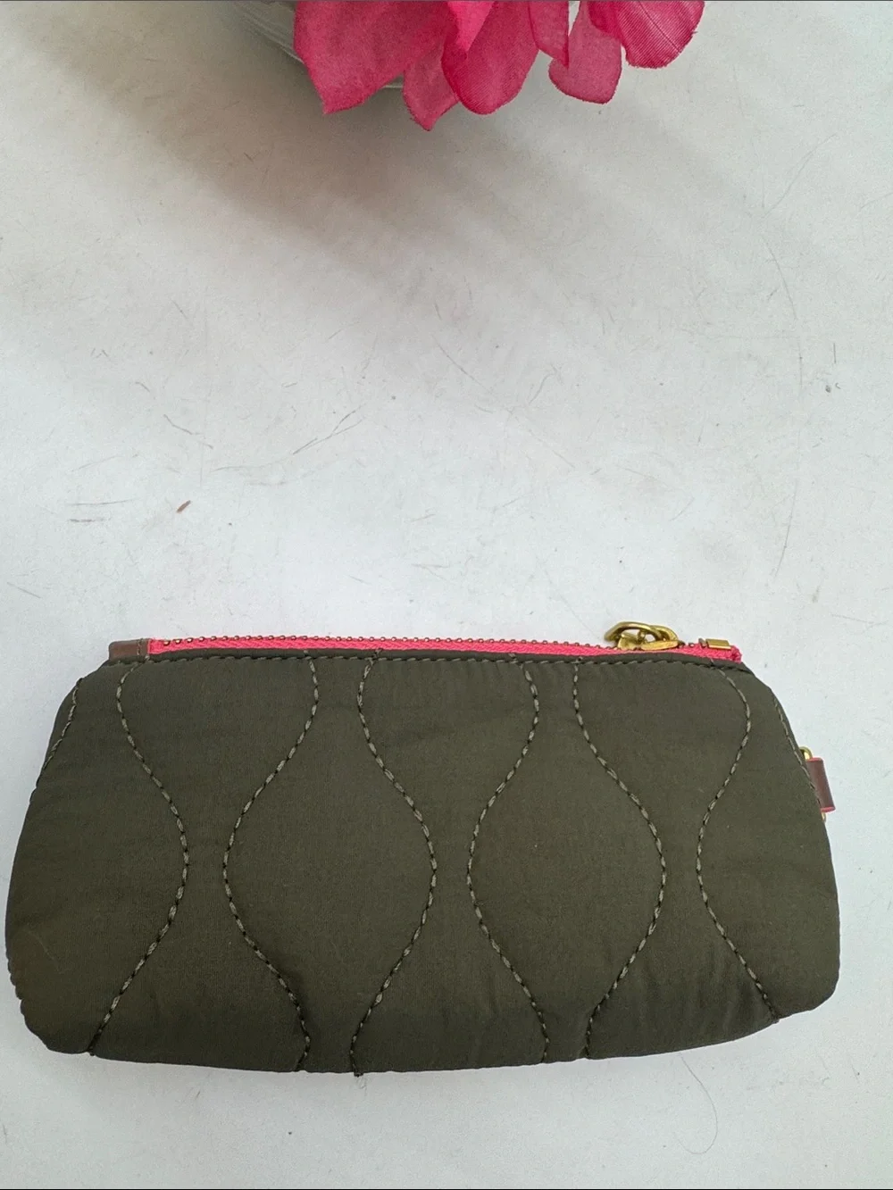 Olive Quilted Key Pouch with Pink Zipper